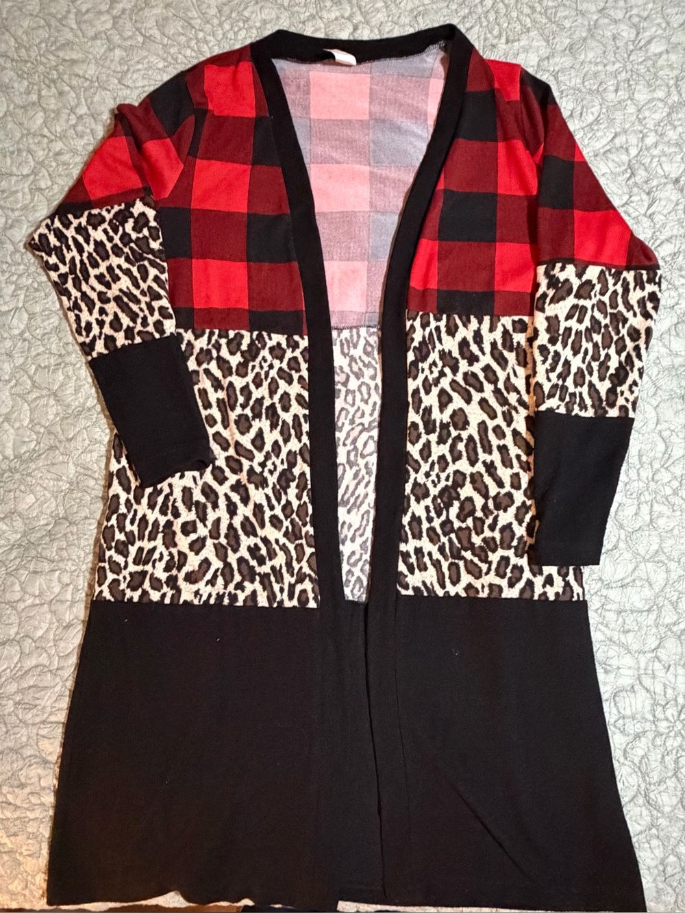 Mixed-Print Open Front Cardigan with Red Buffalo Plaid & Leopard - Black
